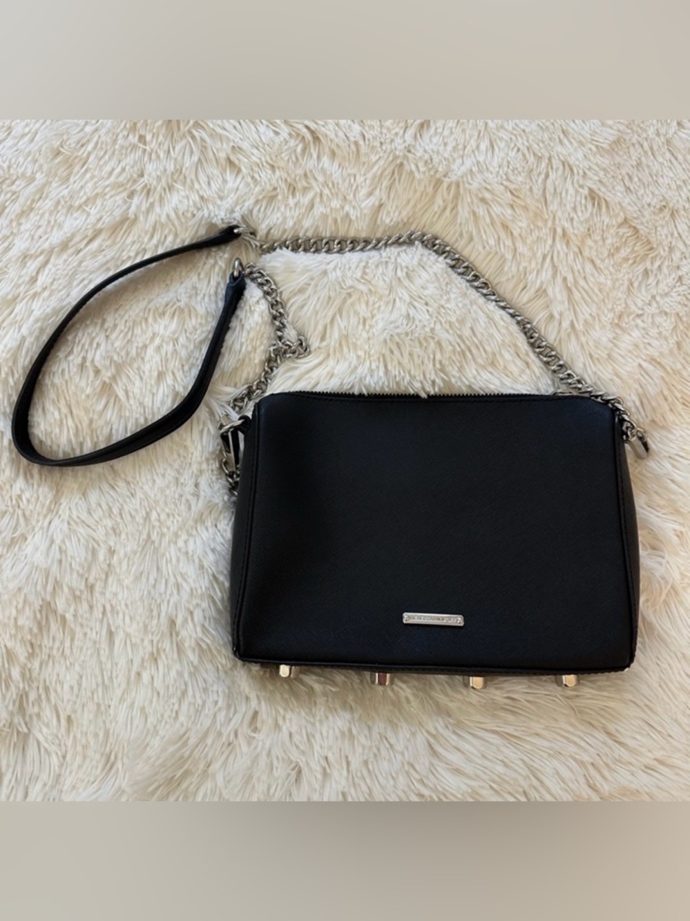 Rebecca Minkoff Avery Black Saffiano Leather Crossbody Bag Chain Strap Zip Top